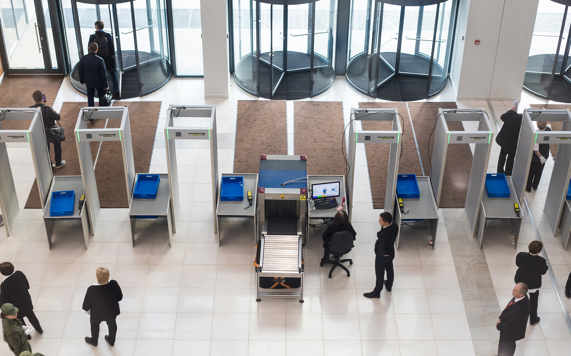 Entrance of business centre. Metal detectors, security
