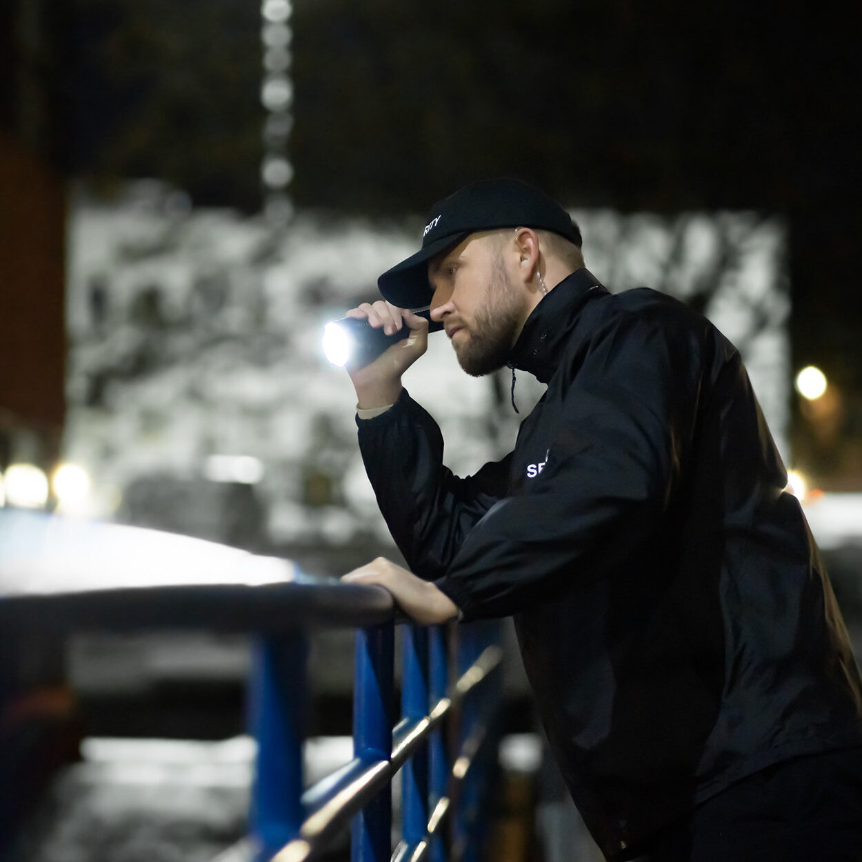 Security Guard Walking Building Perimeter